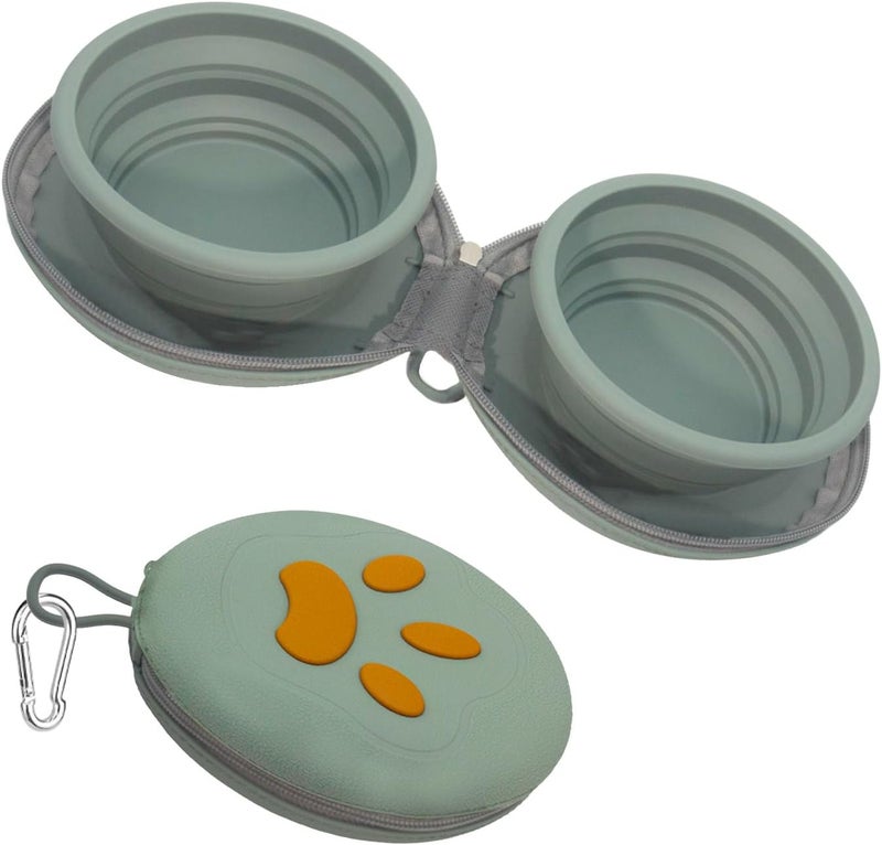 DDSUN Collapsible Dog Bowls, 2-in-1 Silicone Pet Food and Water Bowl with Carabiner, Portable Double Compartment Dish for Travel, Camping, Hiking Puppy Essentials (Green) - Image 1